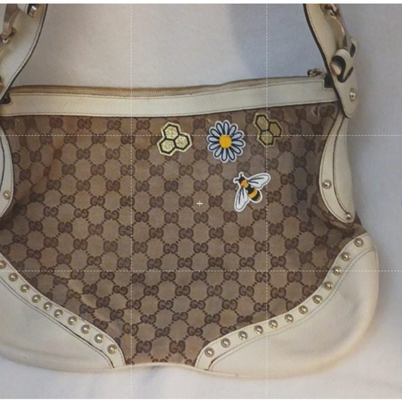 Gucci Tote Bag STUDDED Shoulder Bag RED Green Strap IVORY LEATHER added patch - Picture 2 of 16